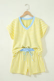 Yellow Stripe Colorblock Trim V Neck Tee Drawstring Elastic Waist Short Set