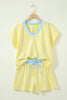 Yellow Stripe Colorblock Trim V Neck Tee Drawstring Elastic Waist Short Set