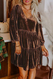 Chicory Coffee Solid Color Velvet V Neck Long Sleeve Tiered Mini Dress