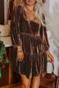 Chicory Coffee Solid Color Velvet V Neck Long Sleeve Tiered Mini Dress