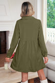 Black Corduroy Half Button Collared Long Sleeve Mini Dress