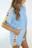 Mist Blue Granny Square Crochet Detail Short 2pcs Set