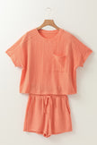 Pale Chestnut Textured Patched Pocket Short Sleeve Top and Drawstring Shorts Set