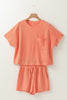 Pale Chestnut Textured Patched Pocket Short Sleeve Top and Drawstring Shorts Set