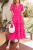 Rose Double Polka Dot Short Sleeve Shirred High Waist Midi Dress