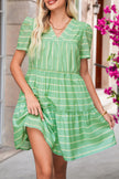 Green Striped V Neck Frill Tiered Mini Dress