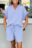 Sky Blue Striped Dolman Sleeve Pullover and Drawstring Shorts Set