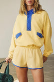 Navy Blue Colorblock Patchwork Half Button Pullover and Shorts Outfit