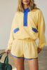 Navy Blue Colorblock Patchwork Half Button Pullover and Shorts Outfit