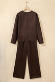 Dark Brown Braided V Neck Long Sleeve Loose Top and Drawstring High Waist Pants 2pcs Outfit