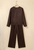 Dark Brown Braided V Neck Long Sleeve Loose Top and Drawstring High Waist Pants 2pcs Outfit