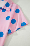 Pink Polka Dot Print V Neck Tee Short Set