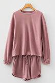 Dark Brown Textured Knit Drop Shoulder Pullover Drawstring Shorts Set