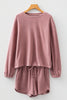 Dark Brown Textured Knit Drop Shoulder Pullover Drawstring Shorts Set