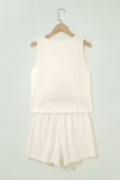 Beige Stitched Detail Loose Tank Top Cotton 2pcs Short Set