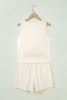 Beige Stitched Detail Loose Tank Top Cotton 2pcs Short Set