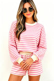 Pink Striped Long Sleeve Crew Neck Drawstring Waist Shorts Set