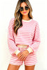 Pink Striped Long Sleeve Crew Neck Drawstring Waist Shorts Set