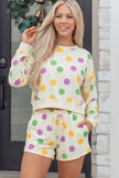 Beige Polka Dot Print Drop Shoulder Pullover Drawstring Shorts Set