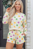 Beige Polka Dot Print Drop Shoulder Pullover Drawstring Shorts Set