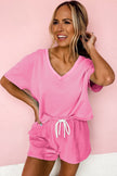 Mint Green V Neck Drop Shoulder Tee and Patchwork Shorts Set