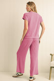 Bright Pink Solid Corded Short Sleeve T Shirt and Wide Leg Pants Set