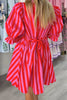 Red Stripe Half Button Puff Sleeve Loose Mini Dress