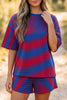 Green Stripe Striped Ribbed Cotton Two-Piece Pant Set with Chest Patch Detail