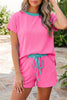 Sachet Pink Soft Ribbed Color Block Trim Casual Short Set