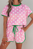 Pink Polka Dot Contrast Edge Casual Short Set
