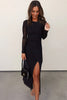 Black Sheer Mesh Long Sleeve Twisted Knot Side Slit Midi Dress