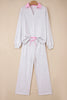 Light Grey Stripe Patchwork Loose Long Sleeve Top Drawstring Waist Pants Set