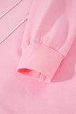 Pink Piping Trim Long Sporty Pullover Drawstring Elastic Waist Shorts Set