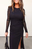 Black Sheer Mesh Long Sleeve Twisted Knot Side Slit Midi Dress