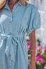 Sail Blue Full Buttons Collared Short Bubble Sleeve Long Denim Dress