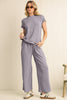 Bright Pink Solid Corded Short Sleeve T Shirt and Wide Leg Pants Set