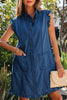 Sail Blue Ruffled Edge Collared Shift Denim Dress with Pockets