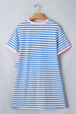 Sky Blue Stripe Nautical Tie Contrast Trim Round Neck T Shirt Mini Dress