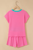 Sachet Pink Soft Ribbed Color Block Trim Casual Short Set
