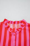Red Stripe Half Button Puff Sleeve Loose Mini Dress