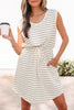 Beige Stripe Drawstring Tunic Tank Mini Dress with Pockets