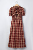 Red Vintage Plaid Knot Front Smocked High Waist Midi Dress