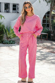 Pink Stripe Drop Shoulder Round Neck Top and Buttoned Straight Pants Two Piece Set