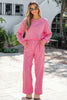 Pink Stripe Drop Shoulder Round Neck Top and Buttoned Straight Pants Two Piece Set