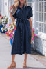 Sail Blue Full Buttons Collared Short Bubble Sleeve Long Denim Dress