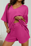 Black Solid Color Waffled V Neck Loose Tee Drawstring Shorts Set