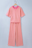 Yellow Stripe Colorblock Trim Crew Neck Loose Tee Drawstring Elastic Waist 2pcs Pant Set