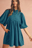 Gold Flame Light Snap Button Empire Waist Lantern Sleeve Corduroy Dress