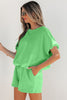 Green Solid Color Puffy Loose Top Drawstring Shorts 2pcs Outfit