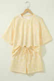 White Polka Dot Short Sleeve Loose Top Drawstring Shorts Set